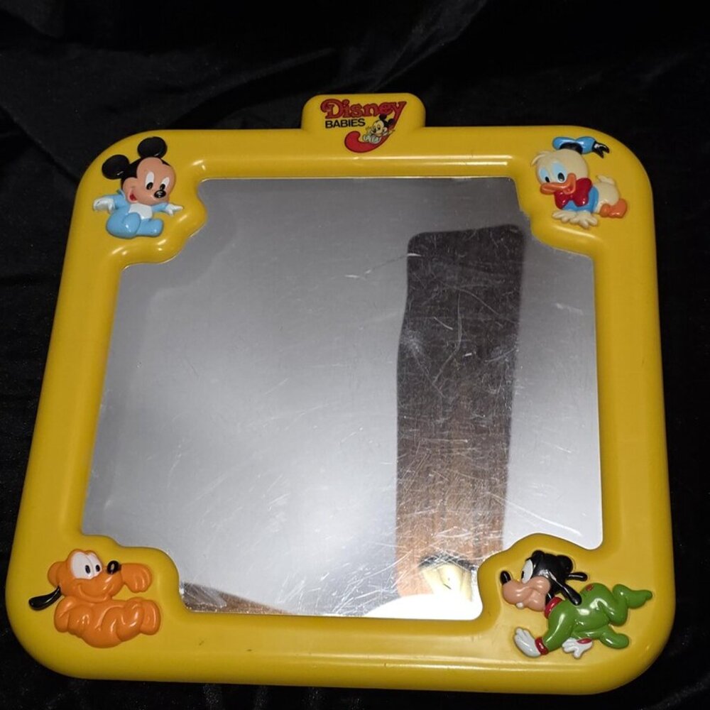 Disney Babies Vintage Crib Yellow Mirror, Baby Toy 1984, Walt Disney, Preloved